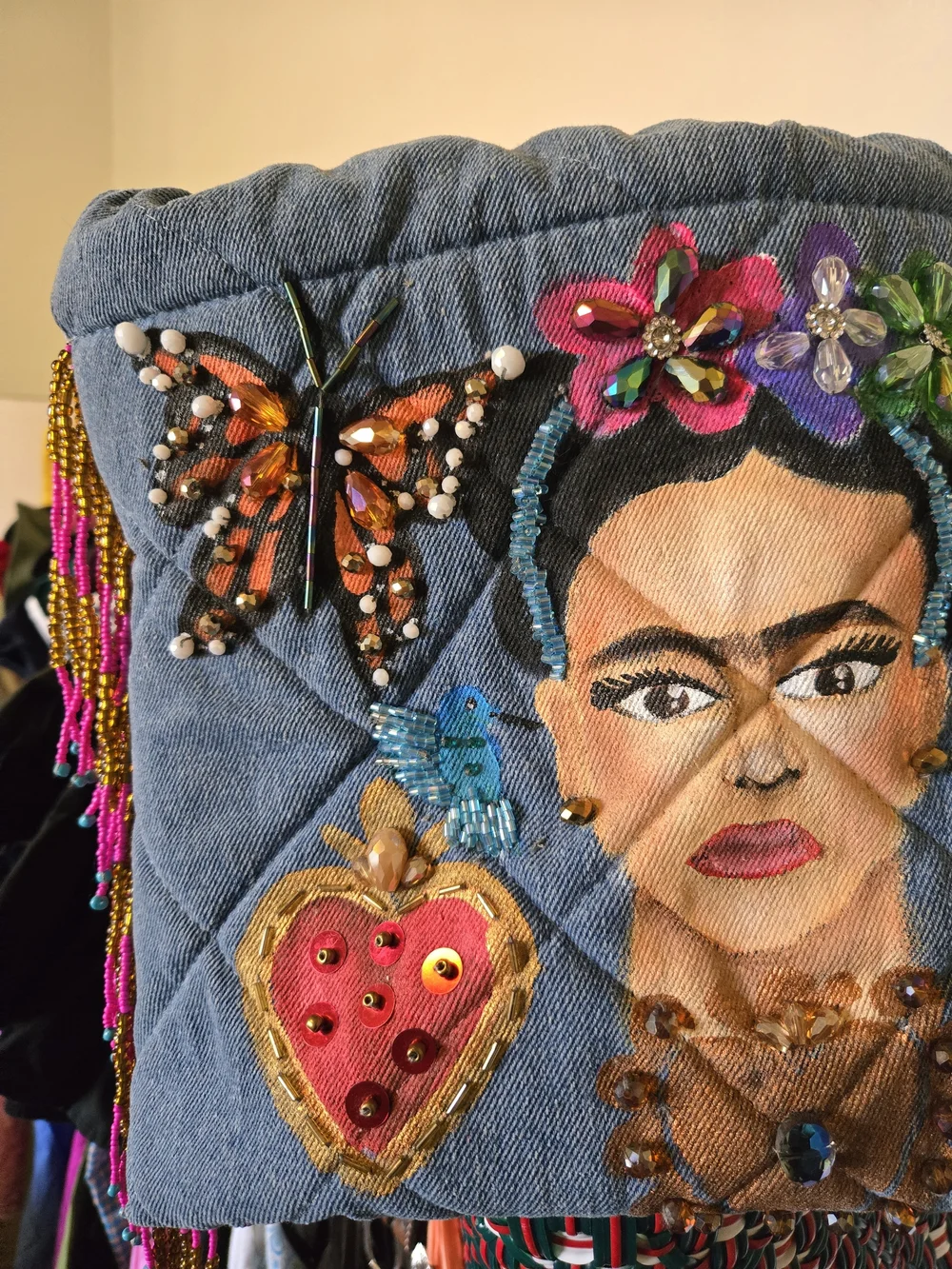 Frida Portrait Embroidered Denim Tote Bag - Blue